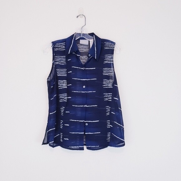 Liz Claiborne Navy Blue White Sleeveless Blouse Sheer Collared Button Down 8 M - Picture 2 of 6